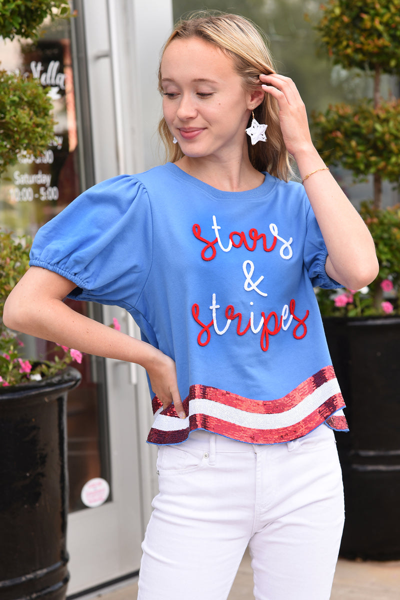 Adorabelles Stars and Stripes Lt. Blue Graphic Tee (s-3xl), 3X-Large