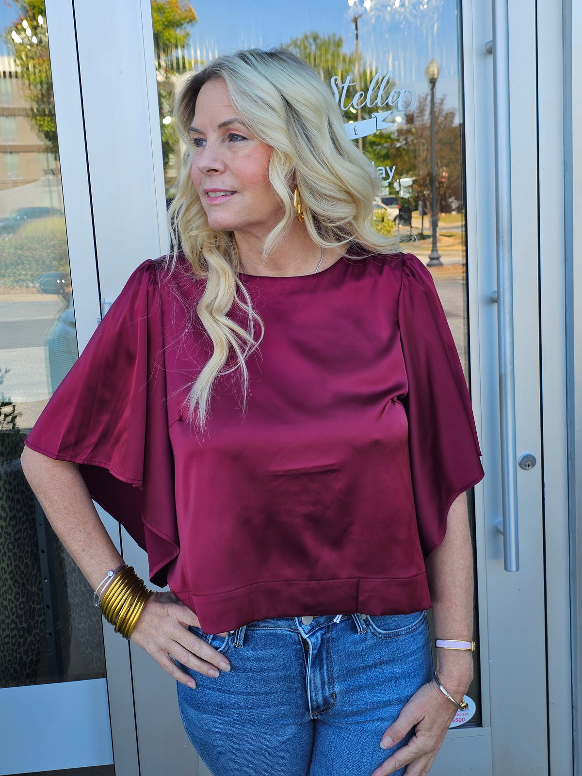 RED SLEEVE SATIN BLOUSE