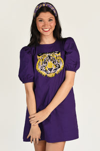 LSU SEQUIN PUFF SLEEVE DRESS