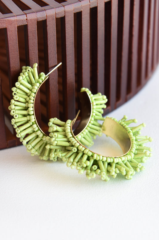 BEADED FRINGE HOOP EARRINGS -GREEN