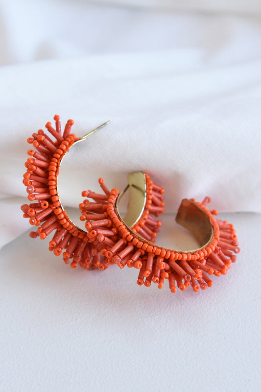 BEADED FRINGE HOOP EARRINGS -ORANGE