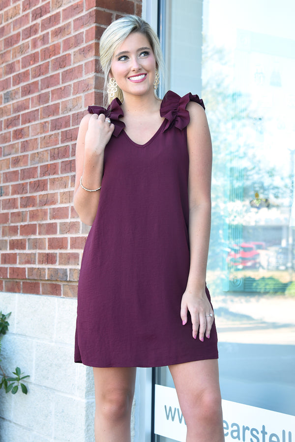 TELL ME ABOUT IT DRESS -BURGUDY - Dear Stella Boutique