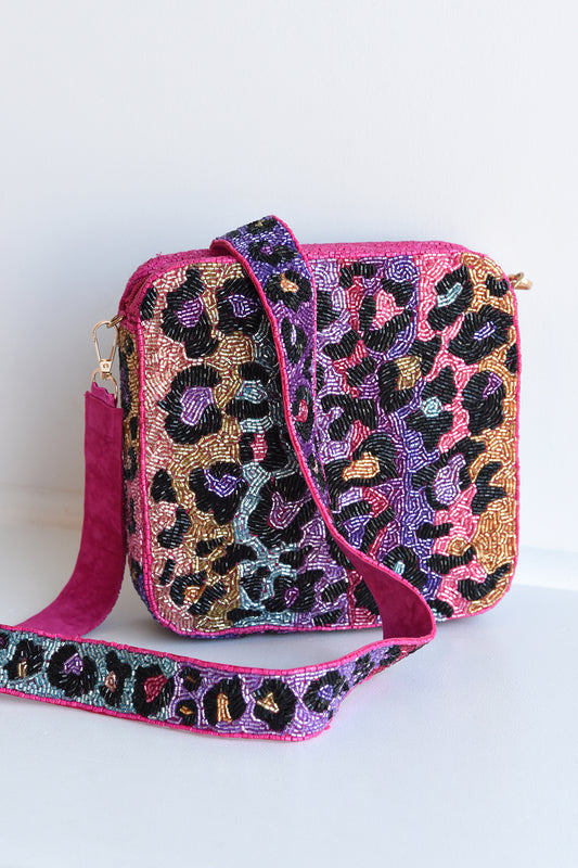PINK LEOPARD BEADED CROSSBODY