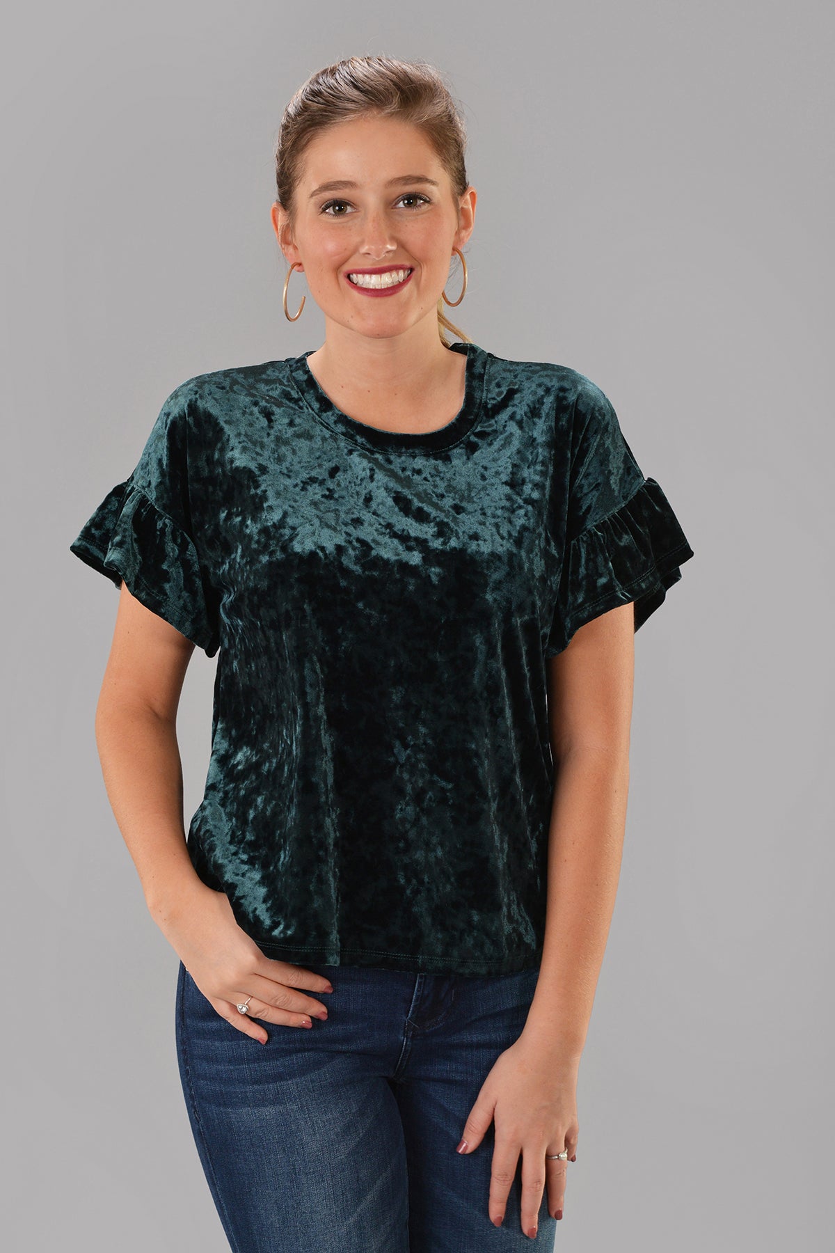 Z SUPPLY VELOUR RUFFLE TOP -GREEN - Dear Stella Boutique